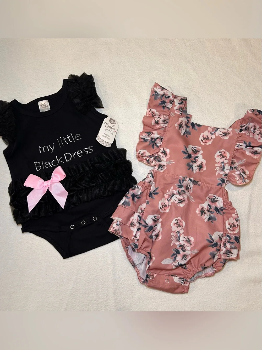 GANZ Baby Girl Black Ruffle Bodysuit & Pink Floral Ruffle One-Piece Set 12-24 Mo